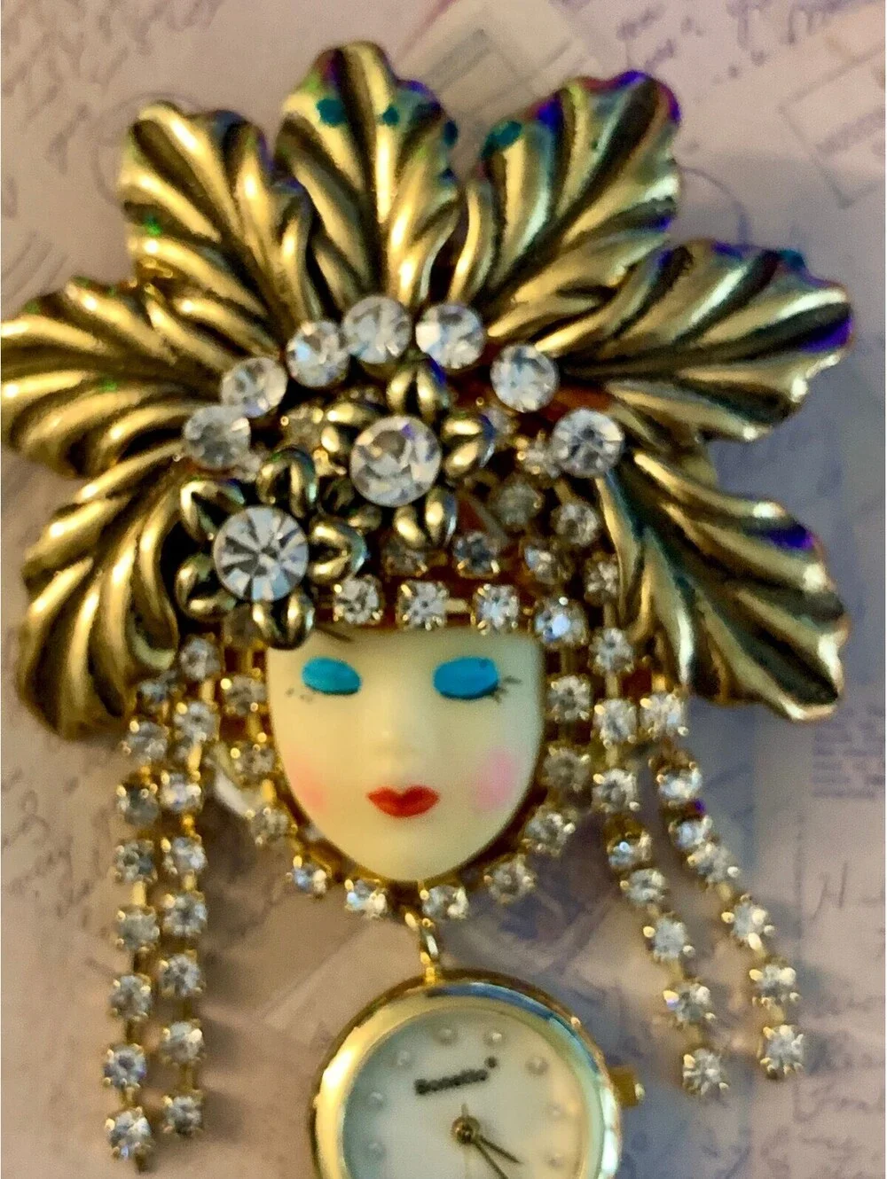 Vintage Bonetto Quartz Watch Brooch Painted Face Rhinestone Statement Pin